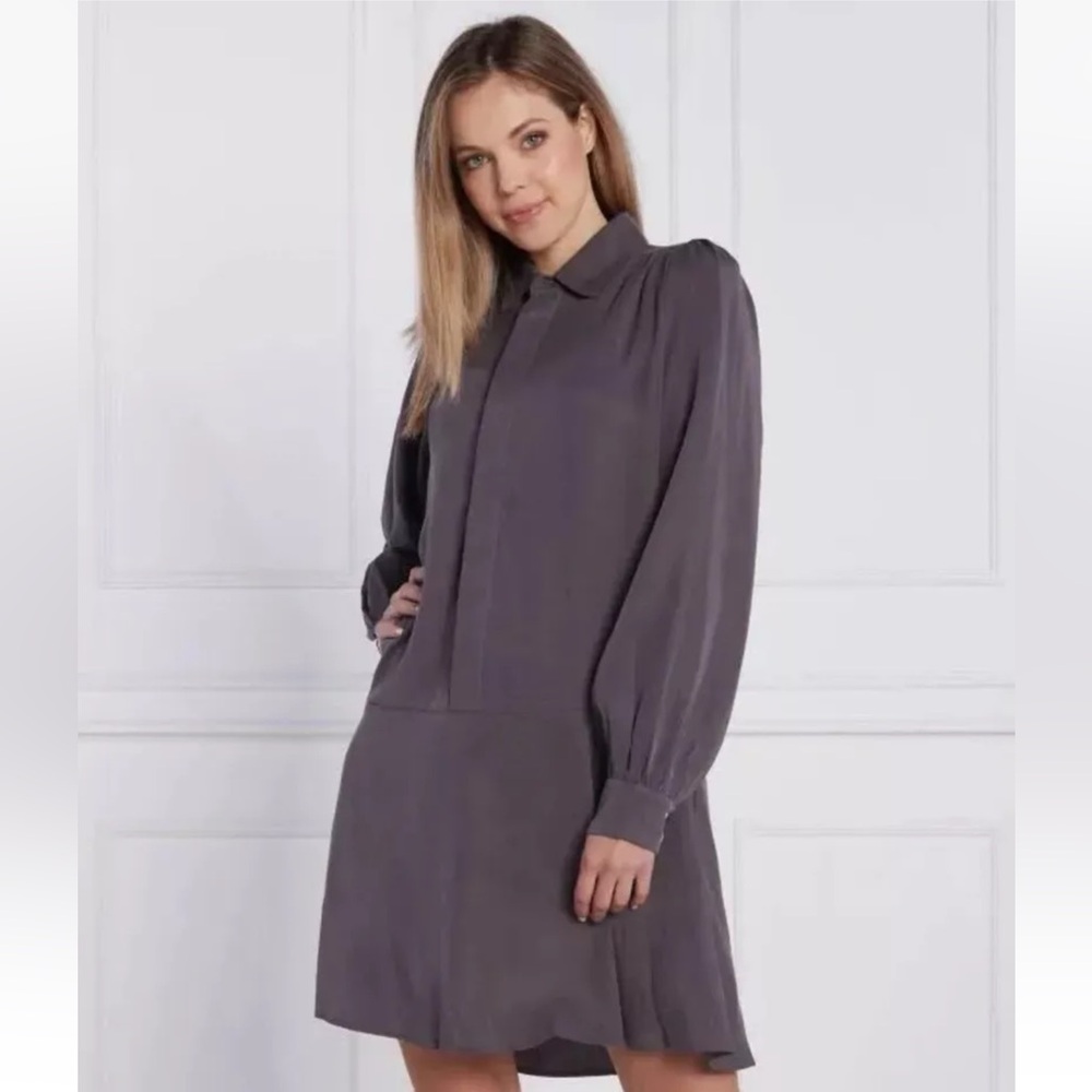 SAMSOE SAMSOE Lizzy Shirt Dress in Grey Long Puff Sleeve Drop Waist Size Large‎